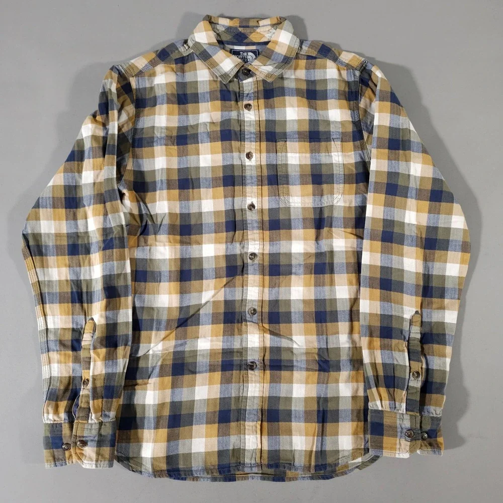 The North Face Button Down Mens S Blue Tan Plaid Cotton Long Sleeve Flannel